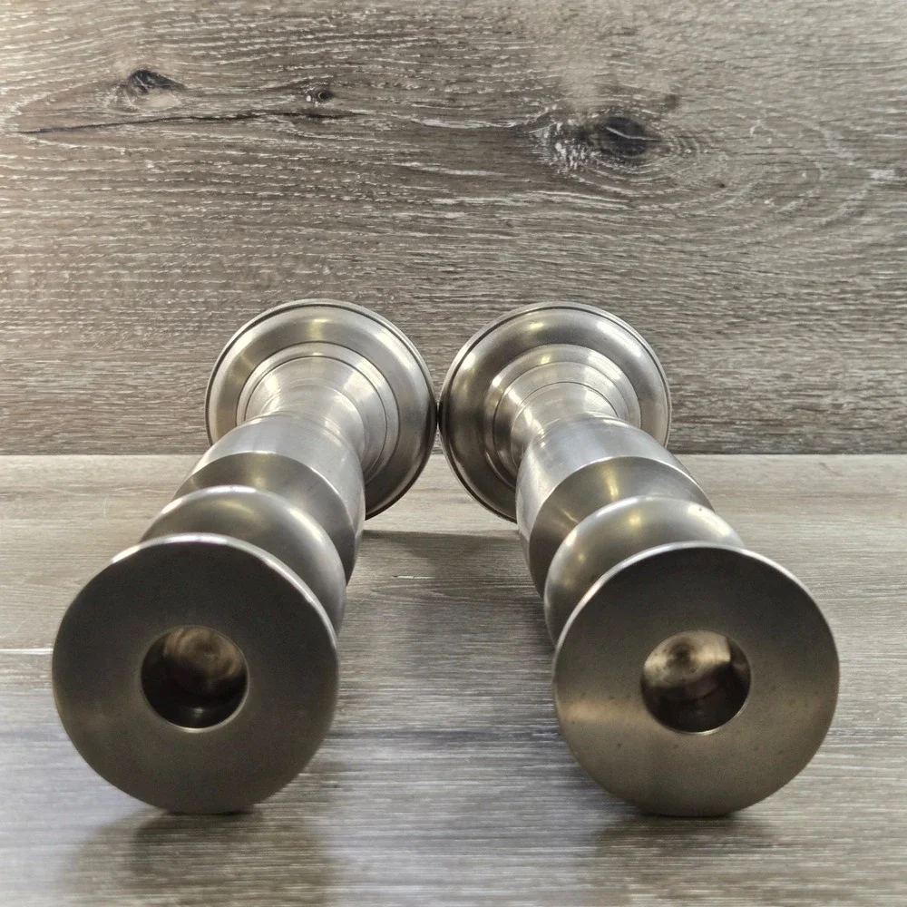 Vintage Brushed Silver Tone Candlestick Holders Pair Round Base Decor India